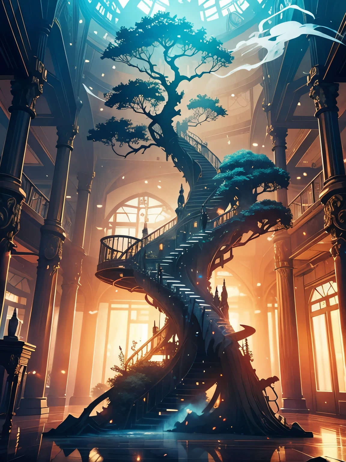 Dreamlike Art Tree Live, Colored smoke, Insane Details, steampunk detail, Intricate details, Very detailed,