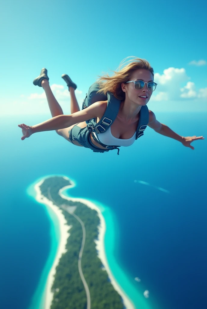 Woman skydiving showing island below