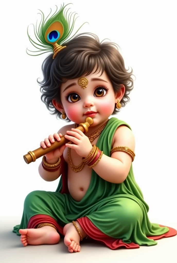 Little krishna age of 6months in green and maroon cloths, flute in the hand, peacock feather in head with white background