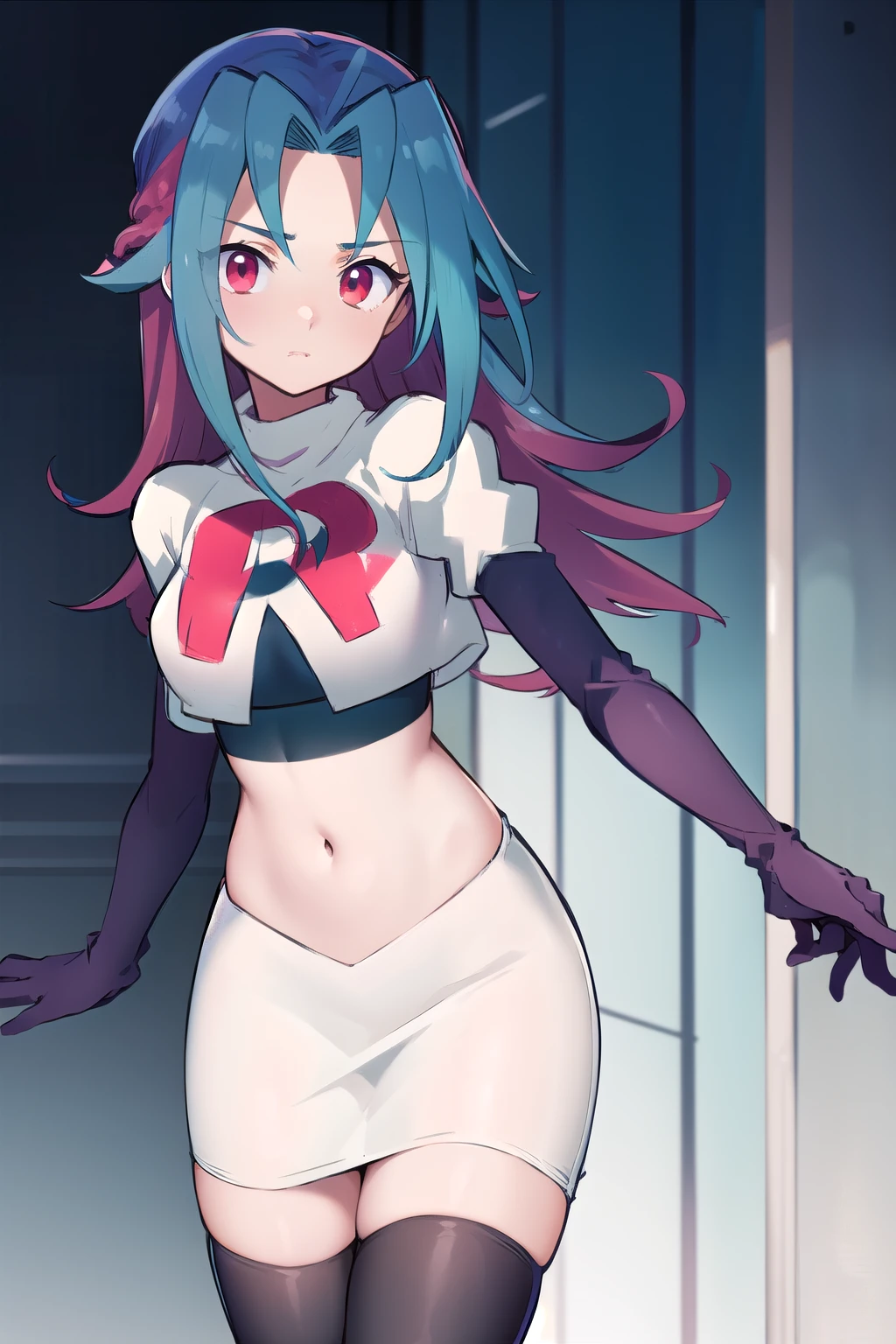 masterpiece, best quality, highres, kr1, multicolored hair, dyed bangs, team rocket,team rocket uniform,white skirt,red letter R,crop top,black thigh-highs,black elbow gloves, cowboy shot,