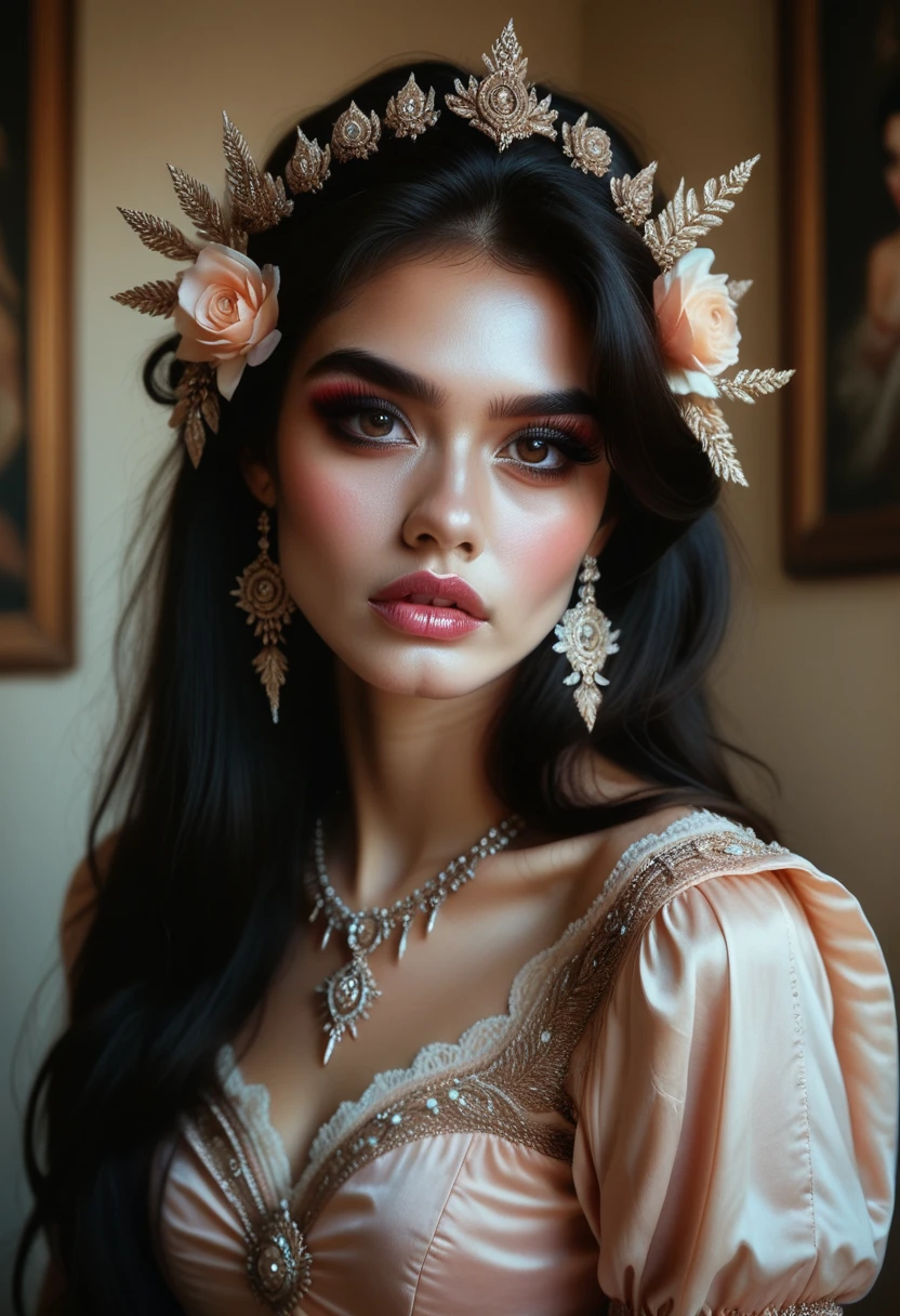 photorealistic, lip gloss, painting, realistic, best quality, ultra high resolution, depth, pastel color, natural shading, focus on face, face only, looking at viewer, long hair, hair accessory, black hair, brown and well detailed eyes, Dress
