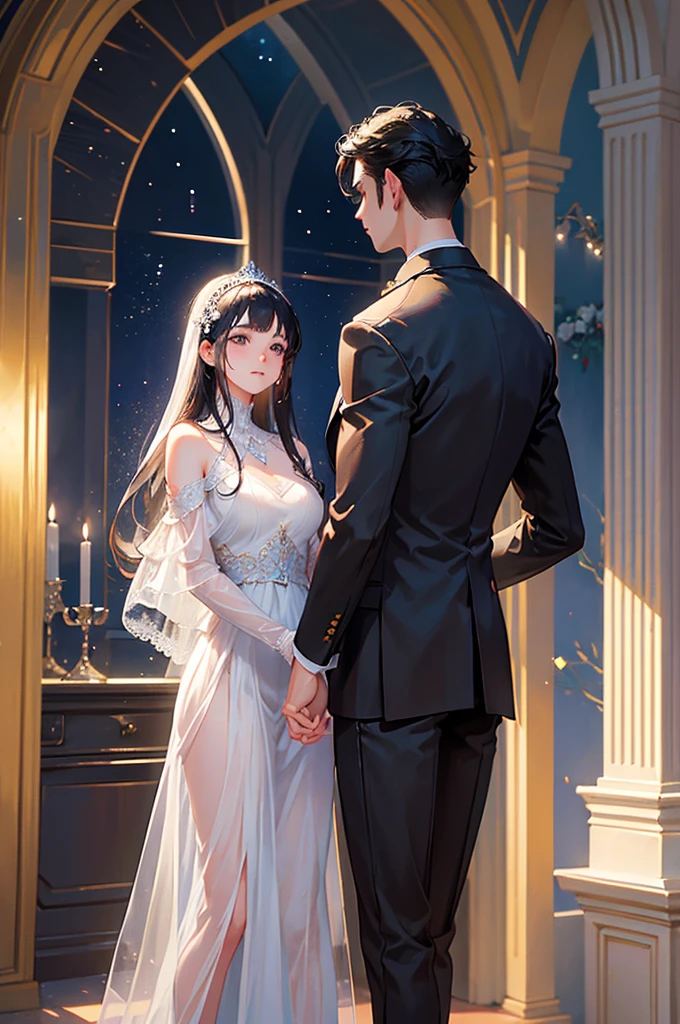 A young man and a young woman are in a grand and noble setting, with high ceilings adorned with constellations. The young woman has hair resembling crystal clear rivers and delicate, almost transparent skin. The young man, with black hair, stands close to her as she gently approaches him. The scene is filled with a sense of tenderness and emotion, set against the backdrop of a majestic and ethereal environment.