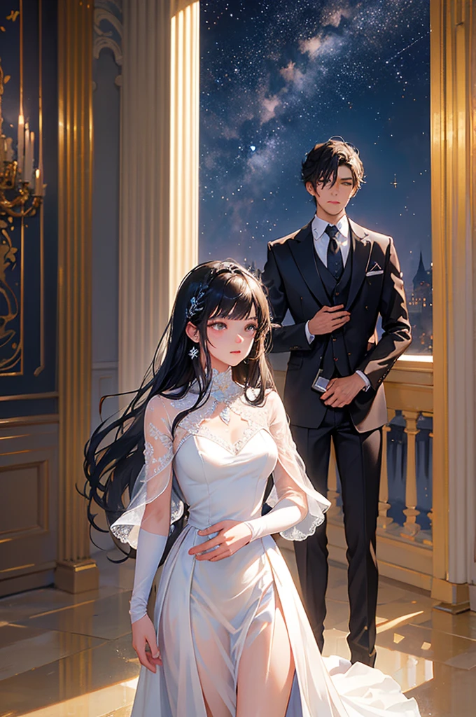 A young man and a young woman are in a grand and noble setting, with high ceilings adorned with constellations. The young woman has hair resembling crystal clear rivers and delicate, almost transparent skin. The young man, with black hair, stands close to her as she gently approaches him. The scene is filled with a sense of tenderness and emotion, set against the backdrop of a majestic and ethereal environment.