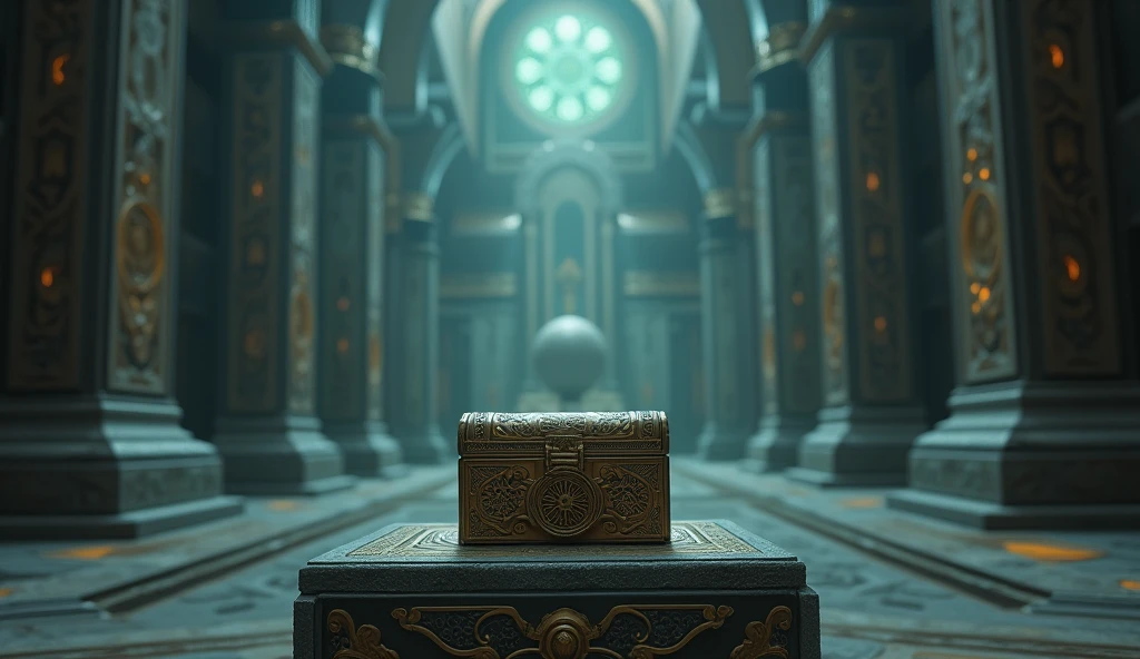 In the centre of the chamber, on a pedestal, lies a small, intricately carved box.