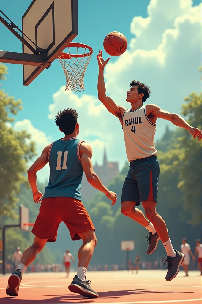 a boy playing basketball with handsome boy 6 feet high throughing basketball in ring name rahul writen on his t shirt