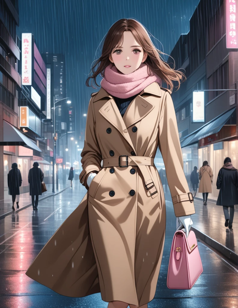 Masterpiece, hd, 1girl with long brown hair wearing a fully buttoned up closed and beige belted buckle knee-length trench coat with mouth covered by a tucked up large pink winter wool scarf and white gloves carrying her large pink purse blown by the hard wind at the hard rainy night city street full body 8k)