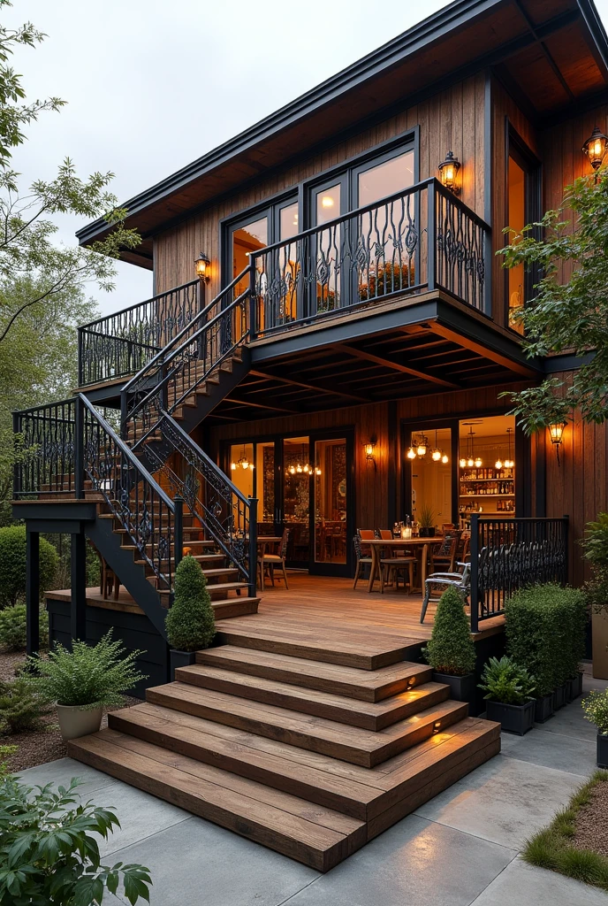 Party terrace made of wrought iron and wood with stairs on one side that lead to the bathrooms which are below along with a small waiting area to enter the bathroom.