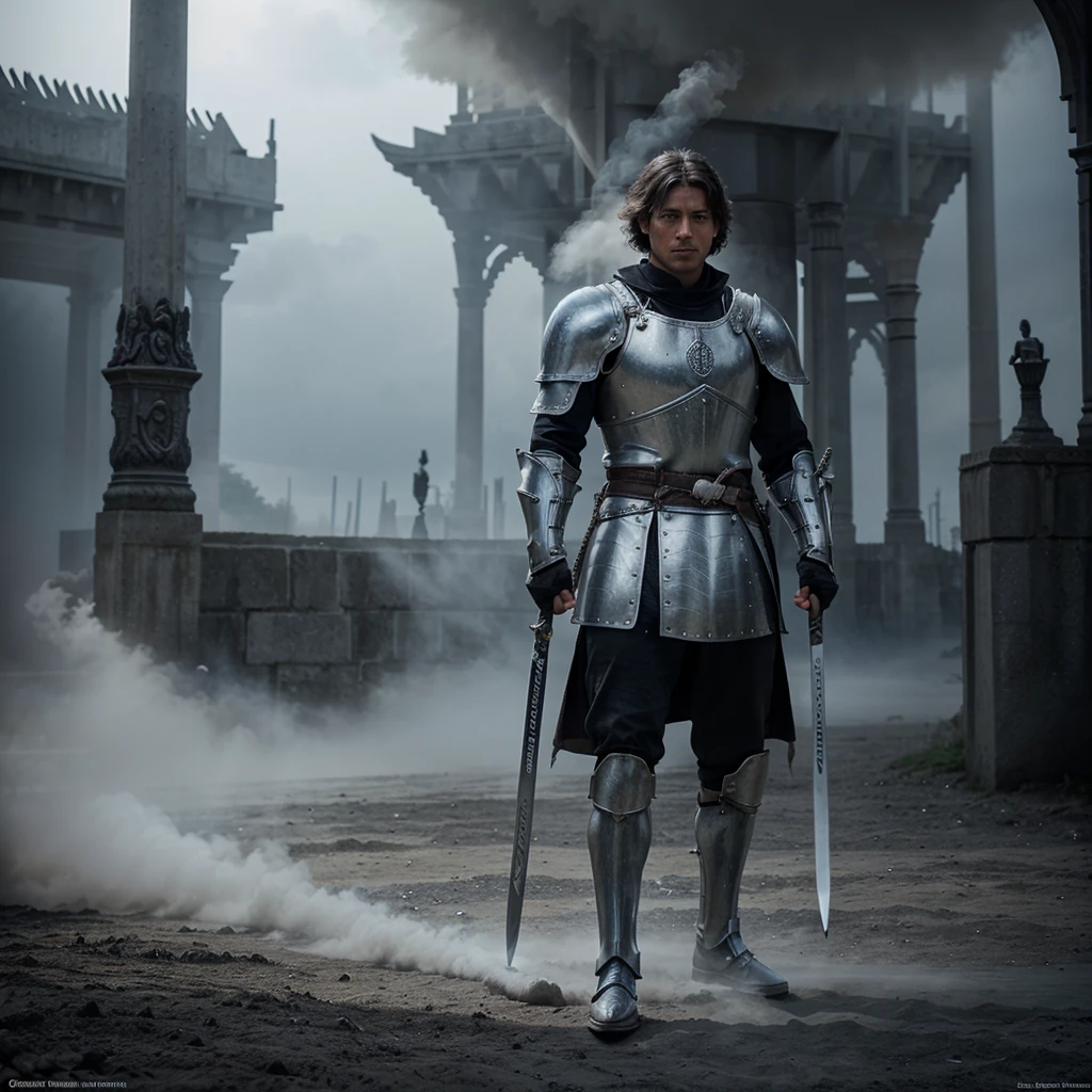 To create the realistic image like a photograph, imagine a strong Grey warrior knights standing stall, who catches the light in a captivating way. He is holding a two handed swords., with grey aura surrounding him, white blue smoke in the ground and in the background of the warrior a name appears "GREY" in big texts.