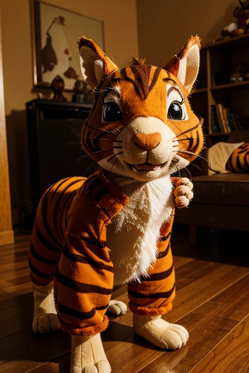 Image of a 3d animated stuffed squirrel in a tigger costume