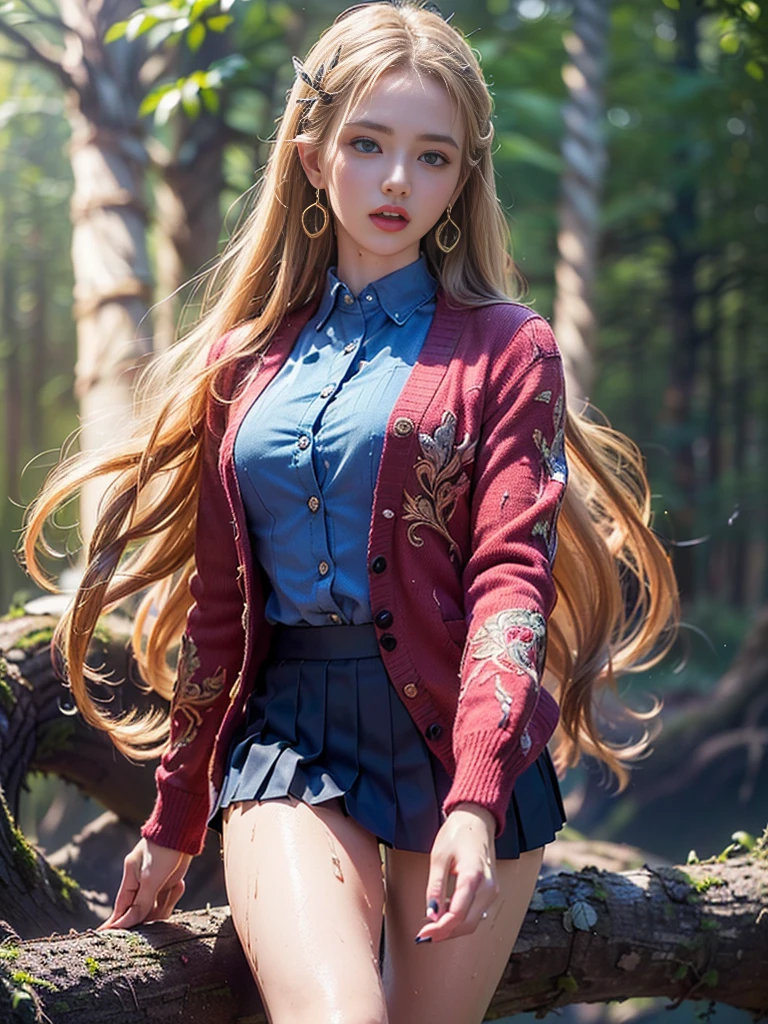 (((masterpiece, best quality))),(((high quality))),(((high resolution illustration))),(((hyper detail))),(((NSFW))),(((Wordsworth's Sharon))),(((Very beautiful long blonde hair))),(((Very beautiful face))), ((((Detailed face)))),(((very beautiful blue eyes))),(((Realistic Skin))),(((her face is flushed))),(((slim body))),(((slim thighs))),(((small breasts))),(((very beautiful slender legs))),(((school uniform, blazer, cardigan, Red jacket, long sleeves,Black pleated skirt, Blue shirt with very detailed and intricate decoration))),(((beautiful earrings))),(((beautiful hair ornaments))),(((in the old dark deep forest:1.2))),(((late at night:1.4))),(((wet her skin))),(looks like about to climax:1.5))),(((running)))