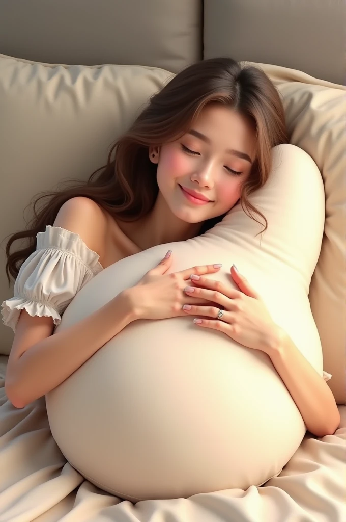 A young woman with long, wavy hair smiles contentedly while hugging a large, plush pillow shaped like a phallus. She is wearing a white off-shoulder top and is resting against a beige pillow on a bed. The overall atmosphere is lighthearted and humorous. The background features a simple, stylish bedroom setting.