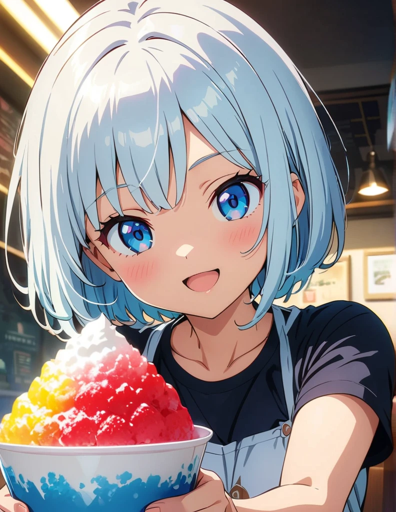 (anime artwork, anime style, studio anime, very detailed, up to date, vibrant, Anime Coloring, high contrast, masterpiece:1.2, best quality, best aesthetics),1girl,cat ear,light Blue shaggy  hair, Best quality,light smile,{{incoming_shaved ice}}, {{feeding}}, holding_spoon, foreshortening,{{blurry_foreground}}, blush, open mouth, head_tilt, perfect anatomy,cafe, 