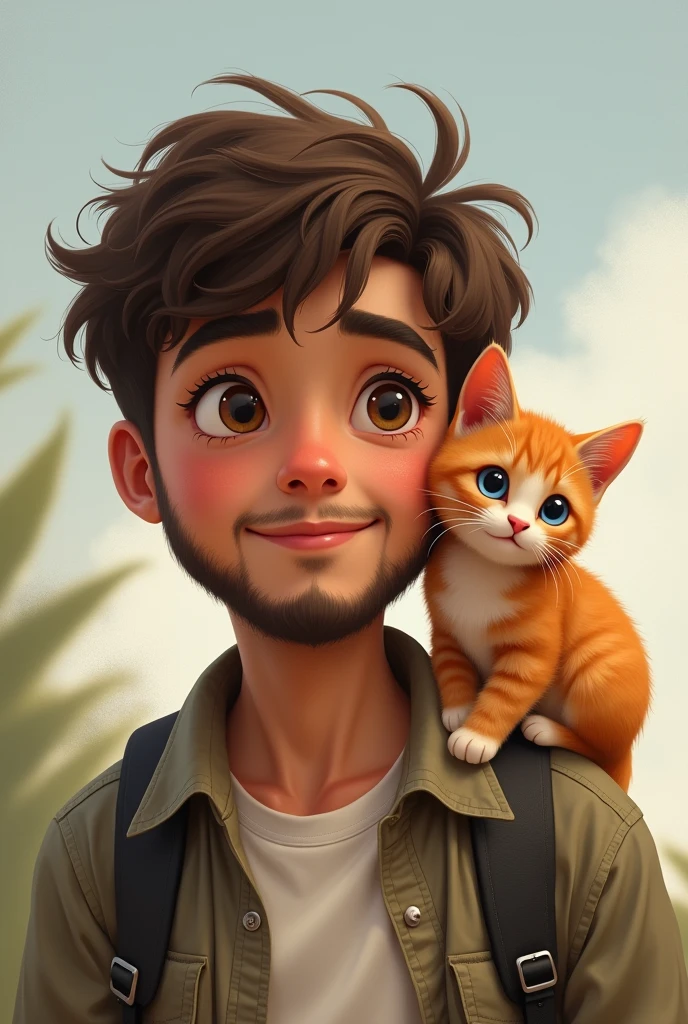 Orange kitten standing on the shoulder of a teenage boy with a beard portrait