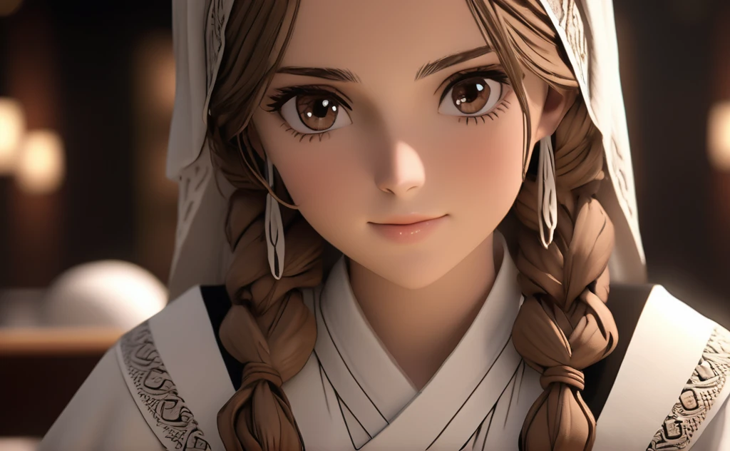 a woman named jane foster, 2 beautiful detailed eyes, beautiful detailed lips, extremely detailed eyes and face, long brown hair tied in a bun, bright brown eyes looking directly at the viewer, long sleeved linen dress, apron, headscarf, silver needle and thread, small loom, 3d realistic anime character, extra detailed, cinematic lighting, dramatic shadows, high quality, 4k, 8k, hyperrealistic, photorealistic, professional, vivid colors, studio lighting, physically-based rendering, extreme detail description, best quality, masterpiece