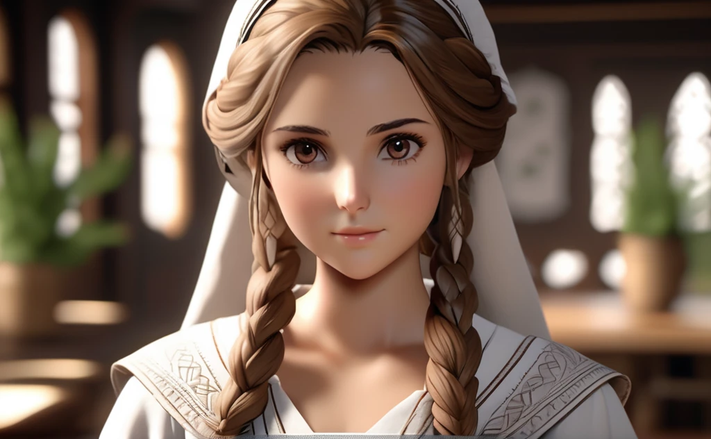 a woman named jane foster, 2 beautiful detailed eyes, beautiful detailed lips, extremely detailed eyes and face, long brown hair tied in a bun, bright brown eyes looking directly at the viewer, long sleeved linen dress, apron, headscarf, silver needle and thread, small loom, 3d realistic anime character, extra detailed, cinematic lighting, dramatic shadows, high quality, 4k, 8k, hyperrealistic, photorealistic, professional, vivid colors, studio lighting, physically-based rendering, extreme detail description, best quality, masterpiece