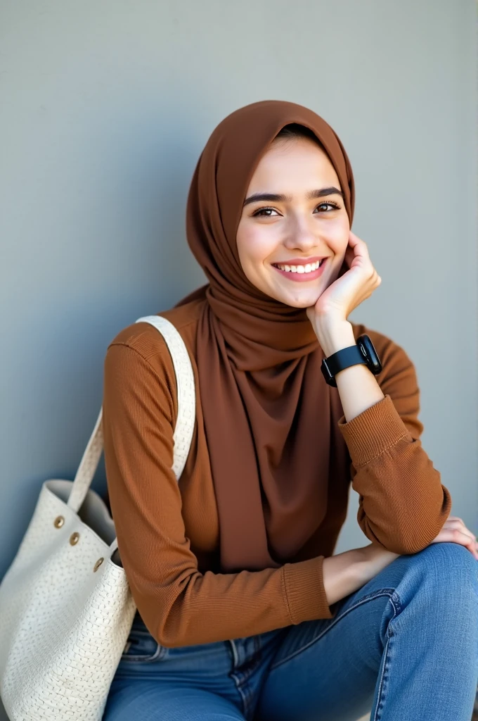 “a beautiful young woman wearing a hijab in a casual, stylish outfit. (She is dressed in a brown hijab and matching sweater, paired with blue jeans). She is sitting casually with her head resting on her hand, smiling warmly. She has a white woven handbag slung over her shoulder and a black watch on her wrist. The background is a simple, light gray wall, allowing her to be the focal point of the image. The overall vibe is friendly, approachable, and fashionable.”