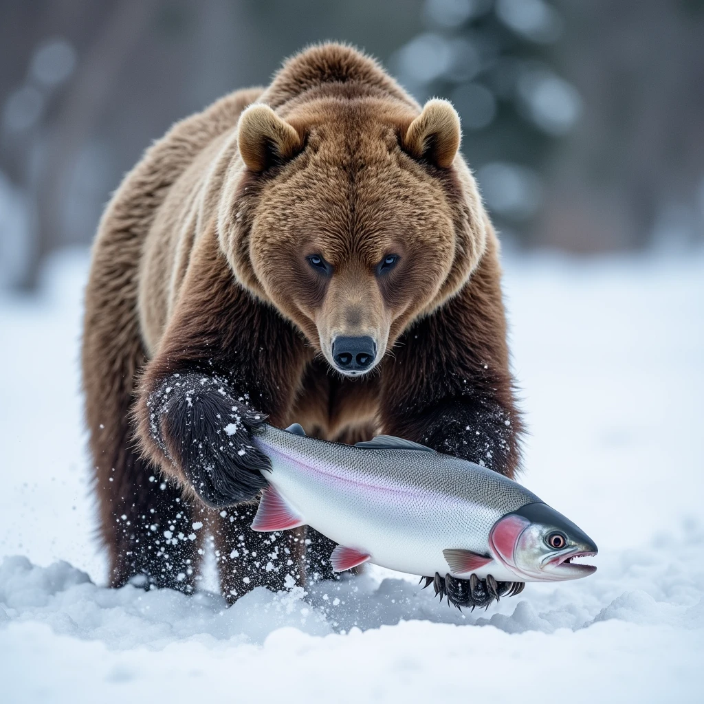 snow, a brown bear hunts a salmon,