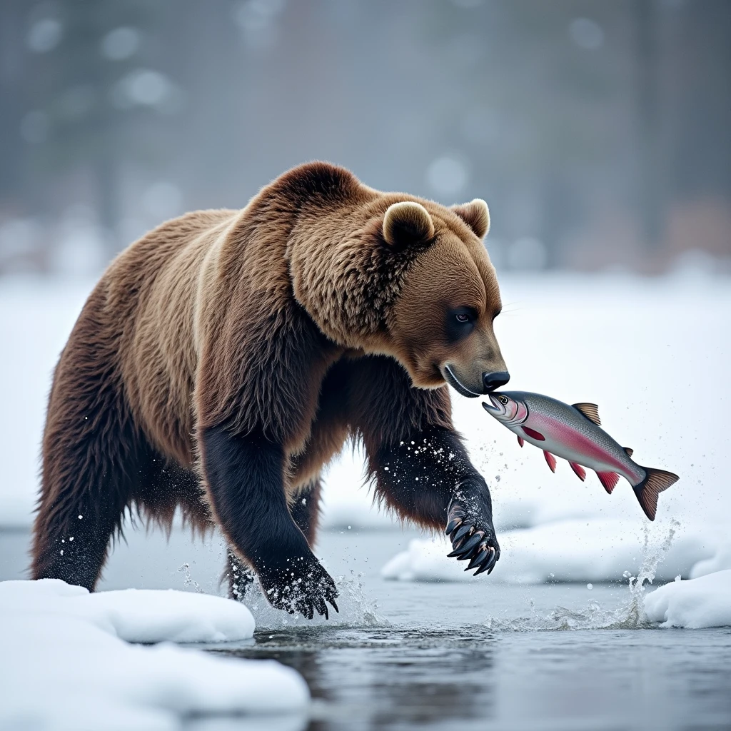 snow, a brown bear hunts a salmon,