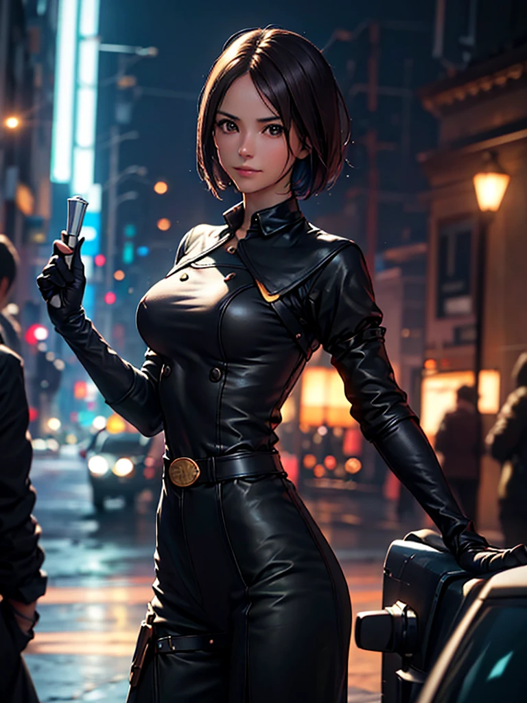 (at night), in a video game scene in the background of a beautiful city at night, raining, alone, standing looking straight ahead, military green clothing, black gloves, semi-short hair, ((semi-short hair )), 1 girl, 30 years old, young woman, perfect hands, Beautiful fingers, Beautiful long legs, Beautiful body, Beautiful nose, Beautiful character design, perfect face, looking straight at the viewer with a serious and very upset gesture, she is holding her hand a whip in his hand in black color (focusing on his face), closed mouth, light_smile, official art, Extremely detailed CG unity 8k wallpaper, Perfect lighting, bright and colorful front lighting, glowing skin (masterpiece: 1.0), (Best_quality: 1.0), ultra high resolution, 4k, ultra detailed photography, 8K, hdr, High resolution, Nonsense:1.2, Kodak portrait 400, film grain, Background blur, bokeh:1.2, Lens flare, (vibrant_color: 1.2), professional photography, (Beautiful, breasts: 1.4), (Beautiful_face: 1.5), (narrow waist),