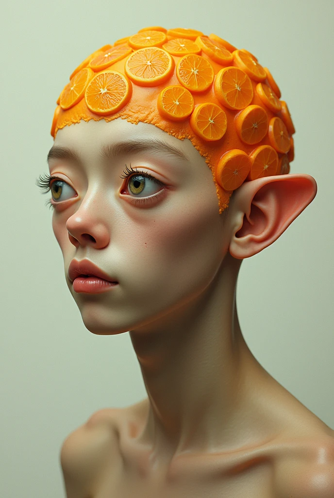 A man with 3 eyes,1 lỗ tai,brain made of smiling oranges