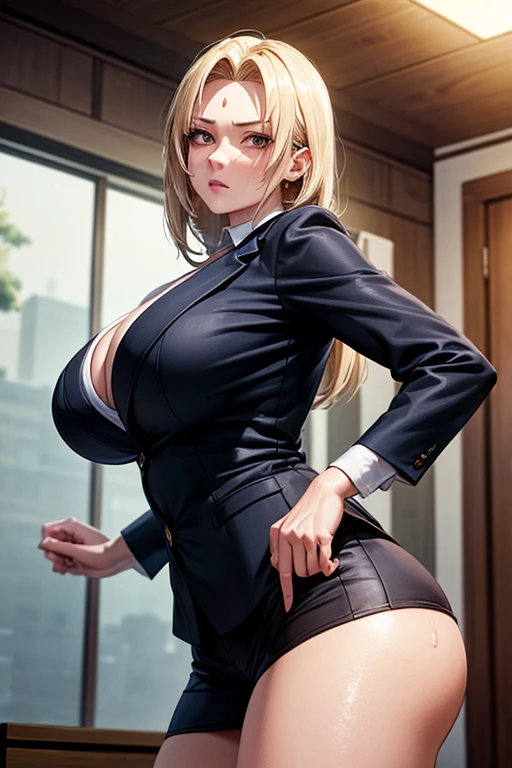 masterpiece, Highest quality, (Unreal Engine), reality, Super Resolution, Very detailed, Complex, colorful, Clear images, Sharp focus, Digital Blending,
One Woman, Senju Tsunade, Tsunade, Mark on the forehead, Big Breasts, Saggy breasts, Butt, Perfect Eyes, Perfect Face, Ultra detailed hair, Ultra detailed face, Very detailed lips, Vivid expression, Healthy Body, Beautifully detailed sweat glands, Smooth skin texture, Carefully drawn,
((humidity:1.2), Sticky with sweat), (Wear a tight business suit,Bold sexy pose),
indoor, Working in the city, (Shot on Sony α9, Dynamic Angle), Browsing Caution,