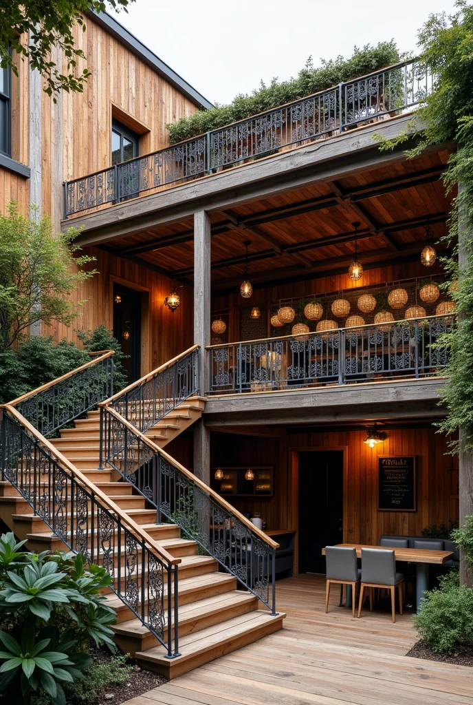 Party terrace made of wrought iron and wood with stairs on one side that lead to the bathrooms which are below along with a small waiting area to enter the bathroom.

