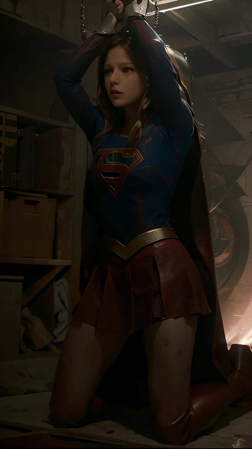 a handcuffed super girl getting raped by an evil squirting, space, space ship, futuristic, bdsm, bondage, , , forced, sexual intercourse, handcuffed, restrained, tattered red skirt, (Melissa Benoist face), eyes close, unconsciousness, faint, sunlight spot to supergirl,