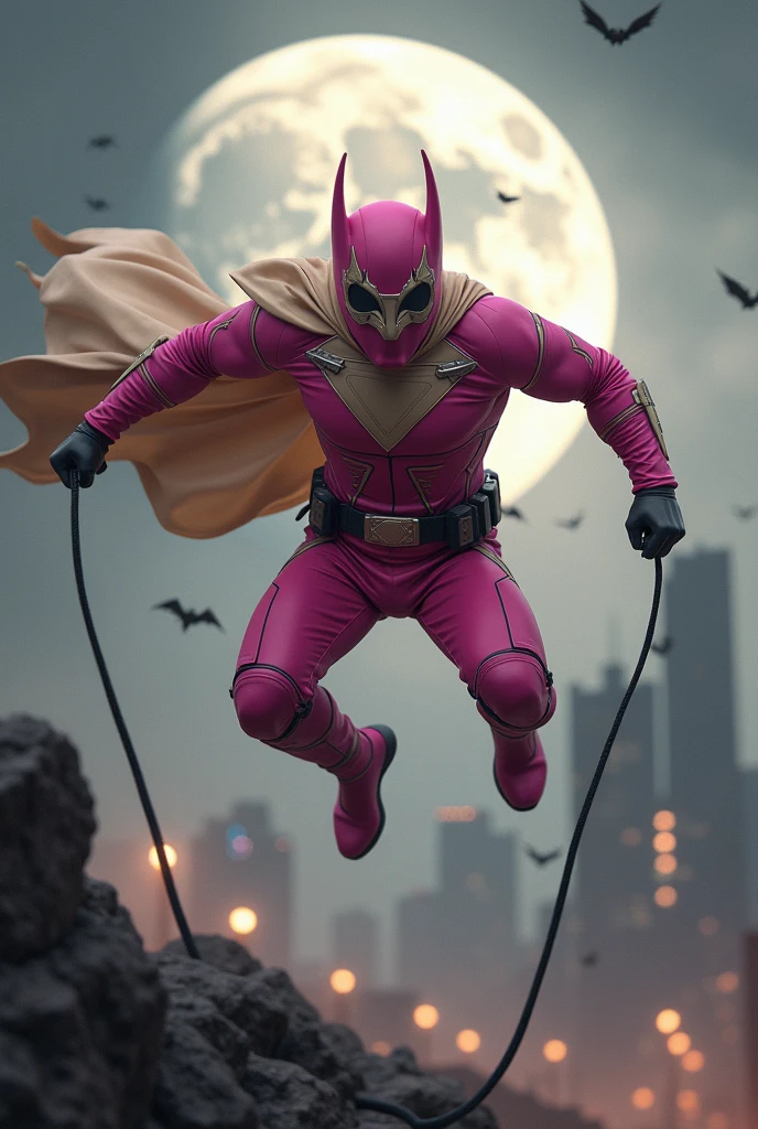 Malaysia man in high-tech suit, vivid effects, malaysian superhero (KELUANG MAN)(( in a striking pink and beige costume cyberpunk design, mask small mini bat ear beige, daredevil beige mask, ))jumpsuit dark pink stands confidently in a dramatic.jumping from high place.hero costume.one hand rise up. Big triangle logo on the chest.high detail Punisher logo on the chest. Fighting pose , stormy landscape. ((Head covered node guard like batman. Running pose , athletic body type, small mini ear bat mask))The character wears domino mask a helmet with pointed mini torn ears and a flowing cape biege, open nose and mouth. Equipped with visible futuristic weapons on a belt,bullet proof jacket pink dark day.show fingers pose, dark night, big supermoon effect . Small logo on chest triangle shape small punisher logo center(( skull triangle Casey Jones mask shape logo)) center on chest pink logo mini logo . rocky. Building top.smoke ground.((jumping from the building Man hangging on the black rope)) , bomb effect background, losse pants, losses costume.adding to --ar 3:4 --style raw --stylize 500 --v 6.1. chaos. Lot of small flying bat. One leg on the high stone. Man. Wear hologram watch.. Real man age 40 year old. One hand holding belt.one hand holding black rope hanging on building. Big pant pink. Beige cape joodie.(( Loose pant)) , jump on high building)marvel , X-Men.