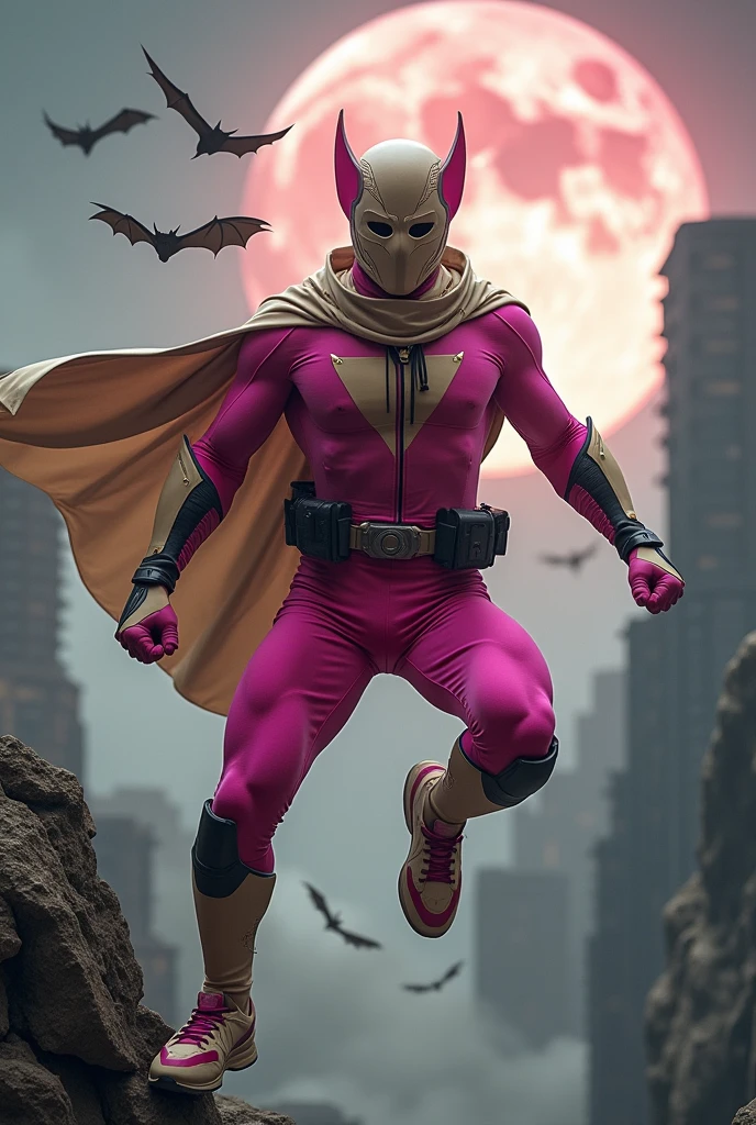 Malaysia man in high-tech suit, vivid effects, malaysian superhero (KELUANG MAN)(( in a striking pink and beige costume cyberpunk design, mask small mini bat ear beige, daredevil beige mask, ))jumpsuit dark pink stands confidently in a dramatic.jumping from high place.hero costume.one hand rise up. Big triangle logo on the chest.high detail Punisher logo on the chest. Fighting pose , stormy landscape. ((Head covered node guard like batman. Running pose , athletic body type, small mini ear bat mask))The character wears domino mask a helmet with pointed mini torn ears and a flowing cape biege, open nose and mouth. Equipped with visible futuristic weapons on a belt,bullet proof jacket pink dark day.show fingers pose, dark night, big supermoon effect . Small logo on chest triangle shape small punisher logo center(( skull triangle Casey Jones mask shape logo)) center on chest pink logo mini logo . rocky. Building top.smoke ground.((jumping from the building Man hangging on the black rope)) , bomb effect background, losse pants, losses costume.adding to --ar 3:4 --style raw --stylize 500 --v 6.1. chaos. Lot of small flying bat. One leg on the high stone. Man. Wear hologram watch.. Real man age 40 year old. One hand holding belt.one hand holding black rope hanging on building. Big pant pink. Beige cape joodie.(( Loose pant)) , jump on high building)marvel , X-Men.