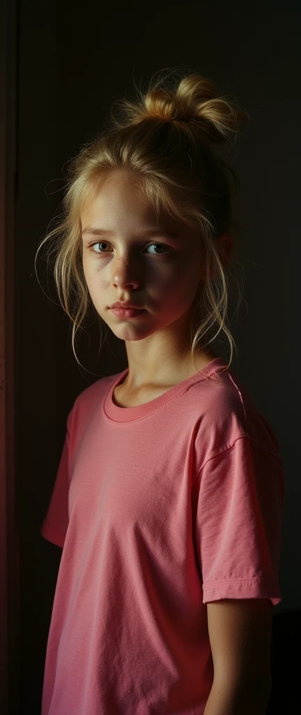 analog photo,silhouette,spotlight, portrait, a beautiful cute young Swiss girl, 1, highly detailed face, blonde, messy bun, small breast, seducing facial expression, wearing pink t-shirt, dark background, fair colors, RAW candid cinema,16mm, color graded portra 400 film, remarkable color, ultra realistic, fair skin, 