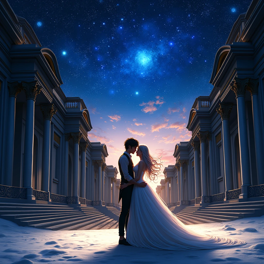 A young man and a young woman are in a grand and noble setting, with high ceilings adorned with constellations. The young woman has hair resembling crystal clear rivers and delicate, almost transparent skin. The young man, with black hair, stands close to her as she gently approaches him. The scene is filled with a sense of tenderness and emotion, set against the backdrop of a majestic and ethereal environment.