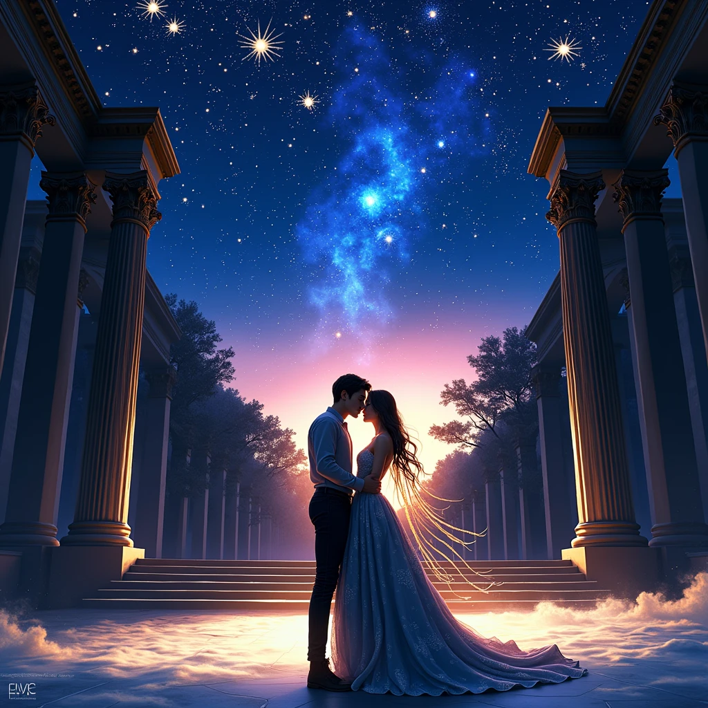 A young man and a young woman are in a grand and noble setting, with high ceilings adorned with constellations. The young woman has hair resembling crystal clear rivers and delicate, almost transparent skin. The young man, with black hair, stands close to her as she gently approaches him. The scene is filled with a sense of tenderness and emotion, set against the backdrop of a majestic and ethereal environment.