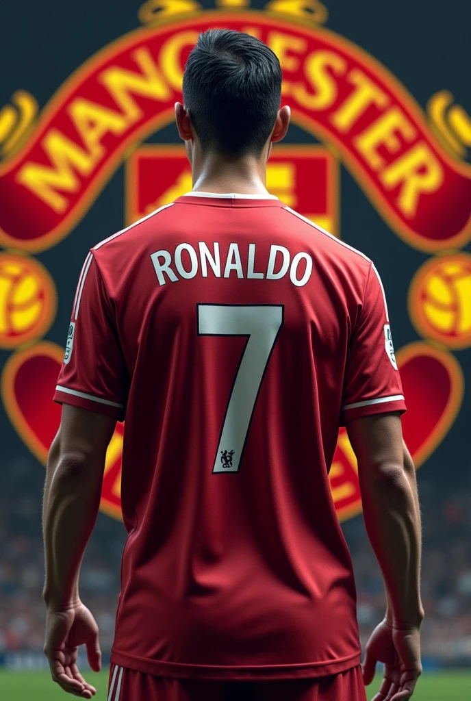 Make a ronaldo not ronaldo name from backside with 2008 Manchester united jersey and short same as same like Manchester and with the background of Manchester united logo  and write the name on his shirt (MAD.AXP) and shirt no 7  and give red wine colour with Manchester United logo on background and make the best picture 
