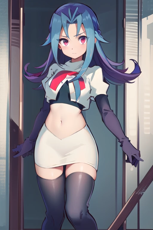 masterpiece, best quality, highres, kr1, multicolored hair, dyed bangs, team rocket,team rocket uniform,white skirt,red letter R,crop top,black thigh-highs,black elbow gloves, cowboy shot, 