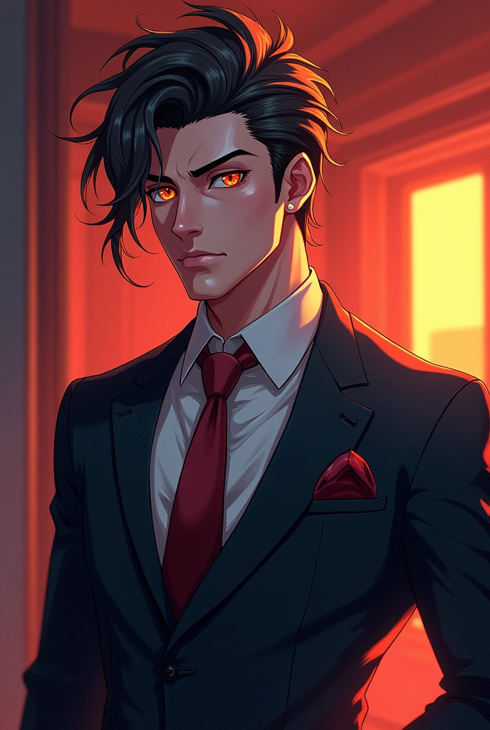 Bill Cipher humanized and attractive, anime style. masculine, expression would be. rubio, amber eyes, dress suit.