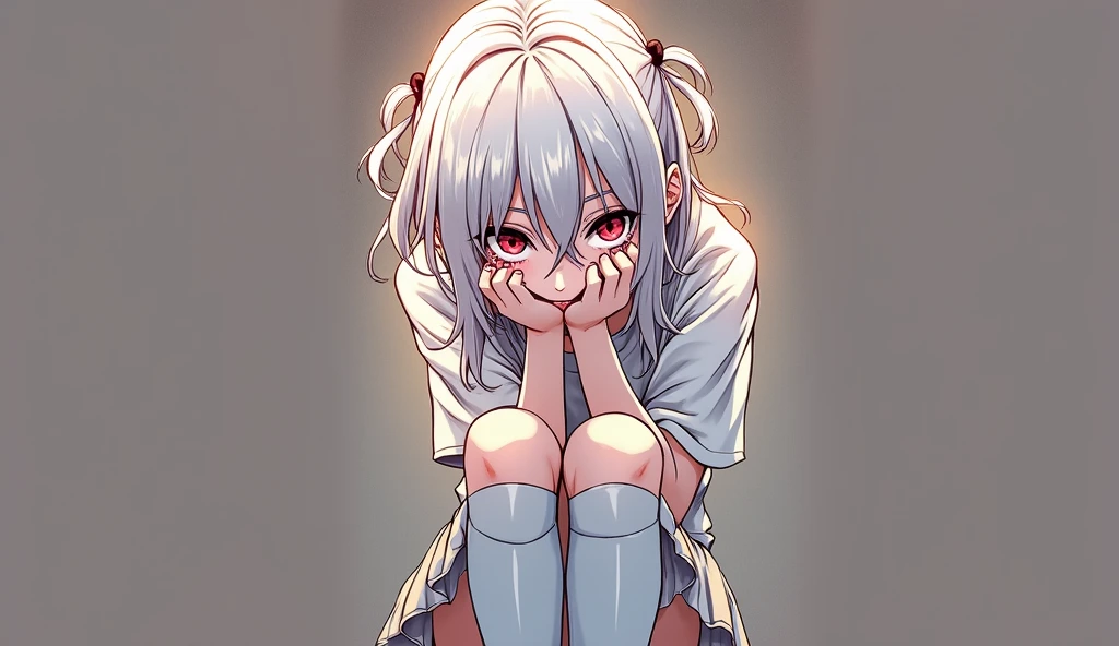 masterpiece, Highest quality,A strangely beautiful girl in her 20s, Full pose,ミニskirtと脚を組んだ, Silver Hair, Yandere, Knee socks, Long Hair, skirt, pleated skirt, crazy smile, chest, smile, View your viewers, pantyhose, Long Hair, crazy eyes, crazy, With a malicious smile, Devilish laughter, Deep and creepy eyes, dark ambient, Illuminate, Hollow Eyes, 邪悪なsmile, saliva, Covering the face with hands, Anime Style, Anime Style, Backlight, Blurred, Ultra Wide Angle, From below, 1080P, masterpiece