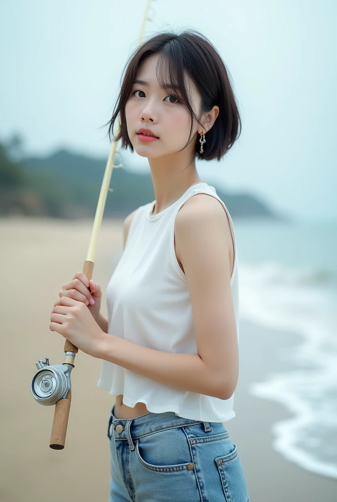 Highly realistic 8k photos, Korean woman standing with fishing rod at the beach, Wearing a white sleeveless top and jeans, Look straight into the camera with fascination, full body photo, short hair,