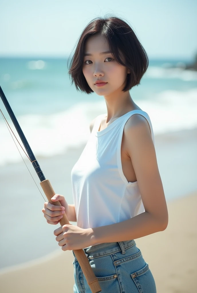 Highly realistic 8k photos, Korean woman standing with fishing rod at the beach, Wearing a white sleeveless top and jeans, Look straight into the camera with fascination, full body photo, short hair,