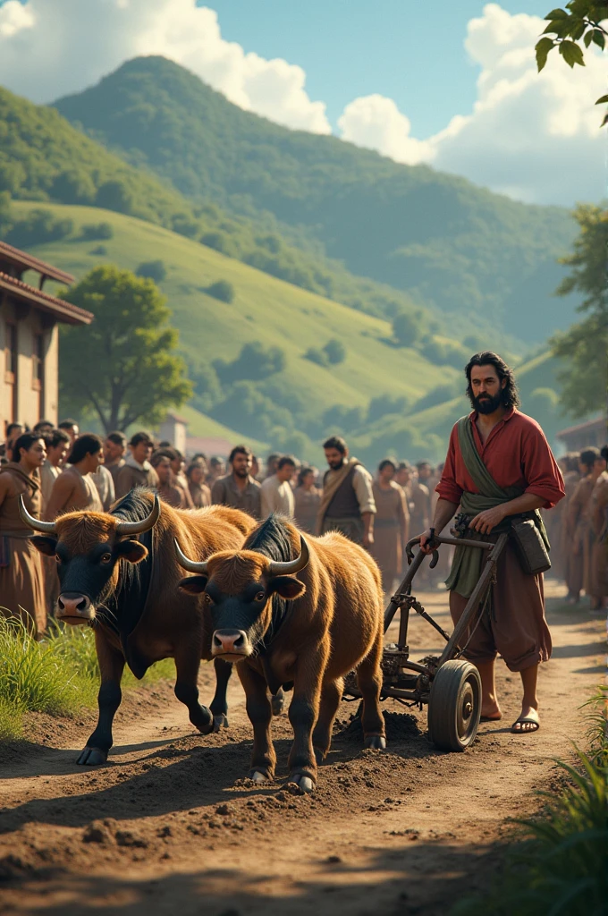 People gathered in the square, two men plowed by one man like oxen in beautiful hilly area