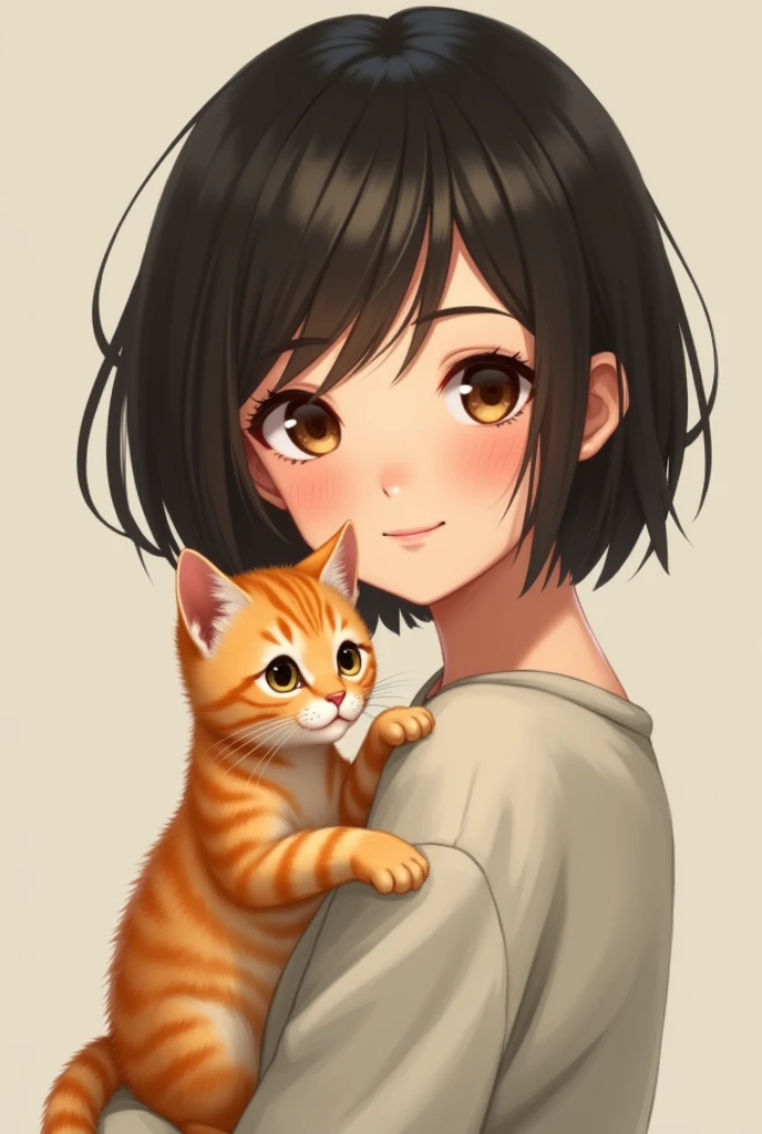 Orange kitten standing on shoulder of age short-haired girl portrait