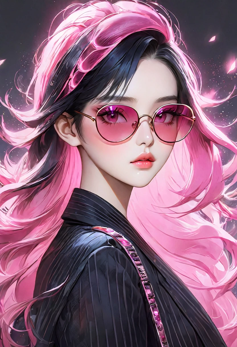 A beautiful girl with black hair, pink mesh hair and pink eyes, wearing sunglasses, a masterpiece, Korean-style eye makeup, mature, stylish