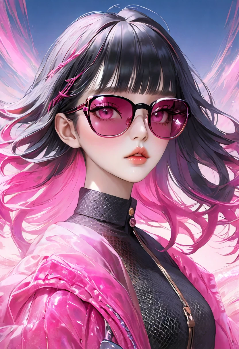 A beautiful girl with black hair, pink mesh hair and pink eyes, wearing sunglasses, a masterpiece, Korean-style eye makeup, mature, stylish