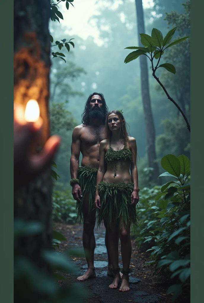 I'm making some covers for my religion films, the movie cover must be full 4k, with hyper details, o tema do filme é a criação e queda feito por Adam and Eve, remember on this cover, the idea is to have two sides,and two people, Adam and Eve, a tall, strong man and a delicate woman, They are both scared trying to understand where they are, this cover must have 1 focus point and 1 out of focus point, they are in the forest, had ended, to arrive, they are scared and sweating a lot, put eva's hand in front of the camera, trying to ask for help, their clothes are made of plants,clear facial arachteristics, cinematographic, 35mm lens, f/1.8, Accent lighting, global lighting –uplight –v 4