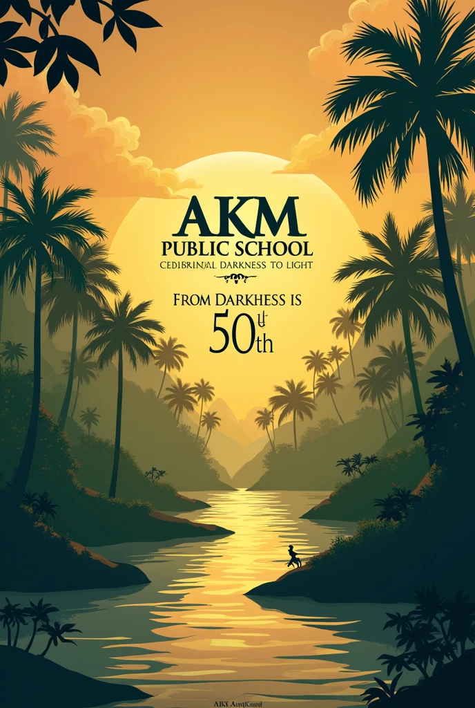 I want you to create a logo for the golden Jubilee of my school, the school's name is akm public school, their moto is from darkness to light. I need a logo which email the great knowledge and beauty of the school change the language to english and more traditional to Kerala darkness to light pls correct the spelling and akm it must also incude the anniversary date