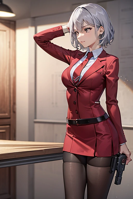 Highest quality、Ultra HD、One Woman、(Silver short hair)、(Red blazer 1.3)、(Red tie)、(shirt)、(Red Heel 1.1)、((Red Mini Tight Skirt))、((Black tights 1.2))、((Shooting with a gun in each hand.5))、Stylish、Beautiful Faces、(Black belt 1.2)、2 female、Glamorous Body、(Sunset slum background 1.2)、((A clear and beautiful touch))
