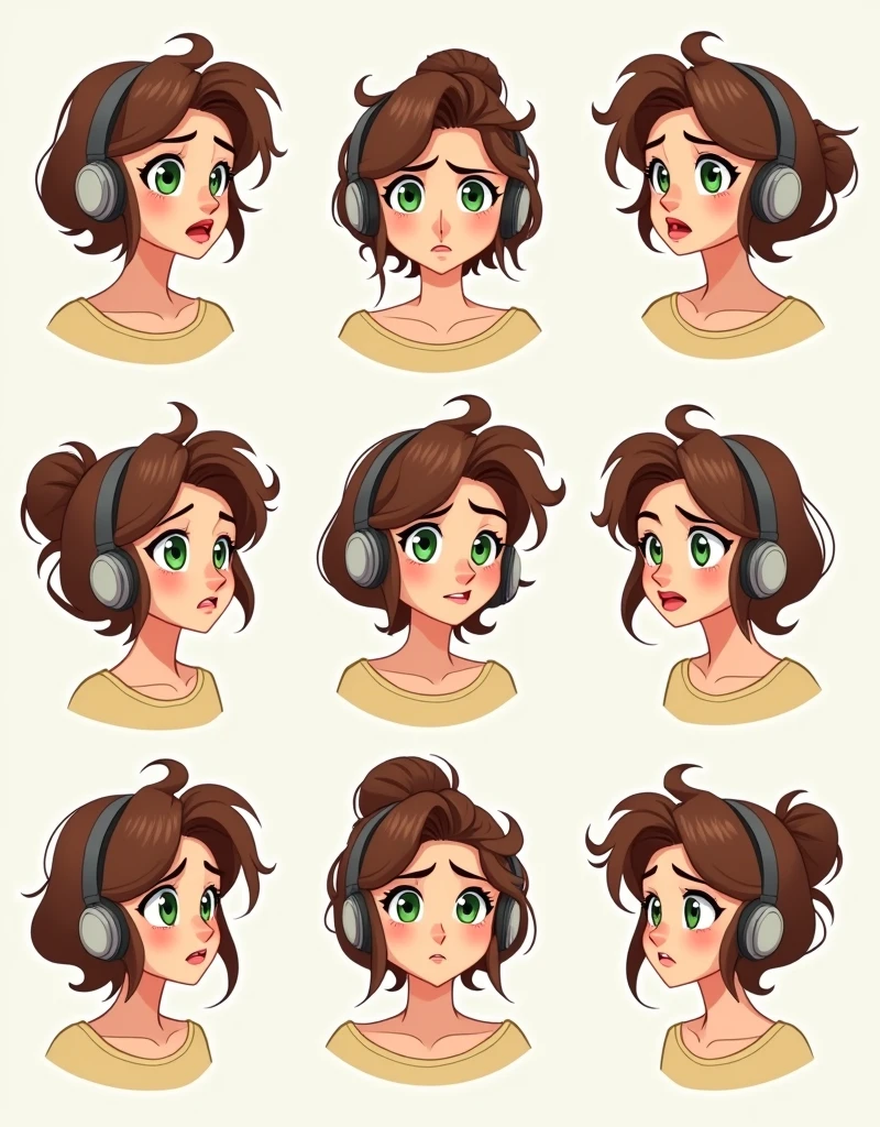 Give me a cartoon character of a woman with brown hair, green eyes and headphones, that looks shy in full body and front view, sideways, 3/4 and different expressions