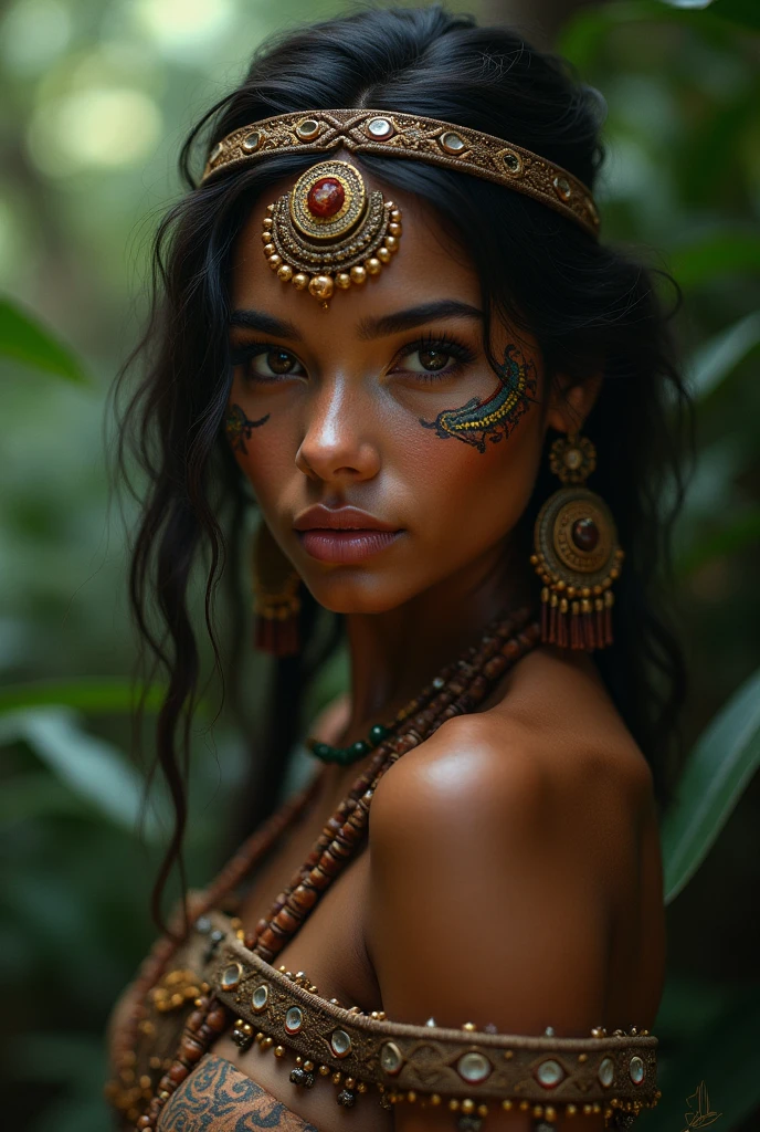 beautiful young indigenous brazilian woman, dark green armor, running in a rainforest, (RAW, analog, Nikon Z 85mm, award winning glamour photograph, ((best quality)), ((masterpiece)), ((realistic)), radiant light rays, highres, detailed facial features, high detail, sharp focus, smooth, aesthetic, extremely detailed, extremely detailed eyes, extremely detailed body, extremely detailed skin, extremely detailed clothes, octane render, photo_\(ultra\), photorealistic, realistic, post-processing, max detail, realistic shadows, roughness, natural skin texture, real life, ultra realistic, photorealism, photography, 8k uhd, photography, hdr, intricate, elegant, highly detailed, sharp focus, radiant light rays), ((Dystopian, [sci-fi], High Detail RAW color Photo, Full Shot, outdoors), toned physique, perfect face, (detailed skin, diffused skin pores), metal, (highly detailed, fine details, intricate), (lens flare:0.5), (bloom:0.5), smog, dust, (badlands:0.8), (observitory:0.7), raytracing, specular lighting, shallow depth of field, photographed on a Sony Alpha 1, EF 85mm lens, f/2.8, hard focus, smooth, cinematic film still)