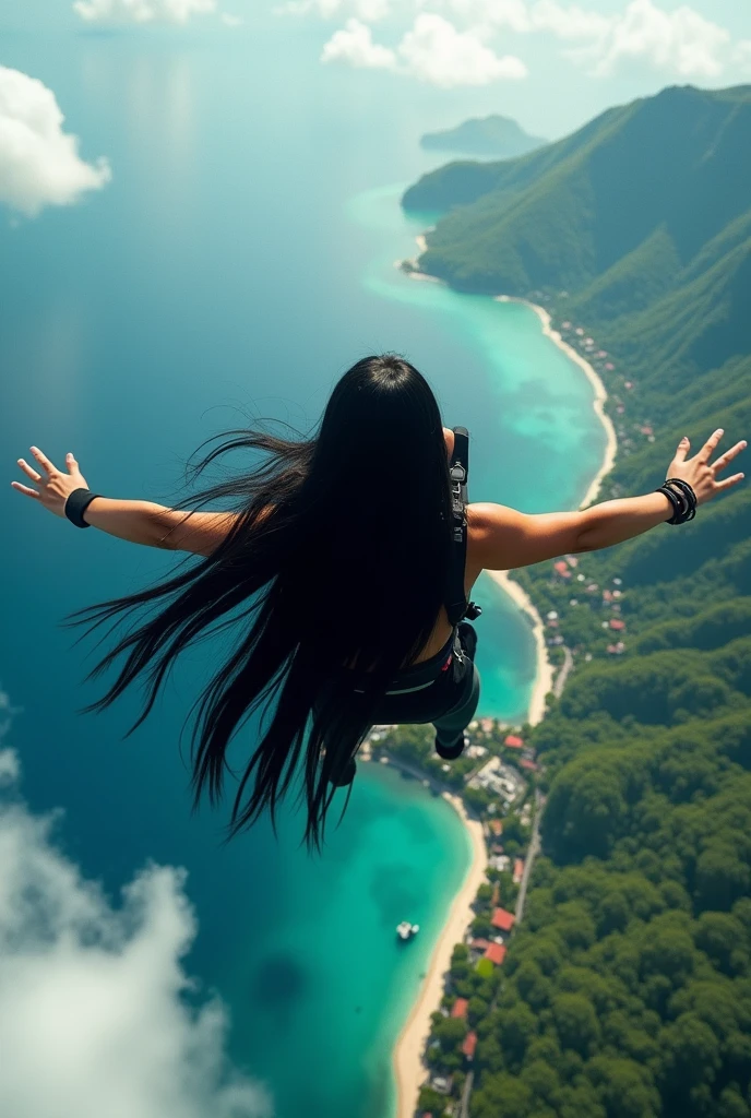 Skydiving showing the island below ,long black hair ,Shooting from behind
