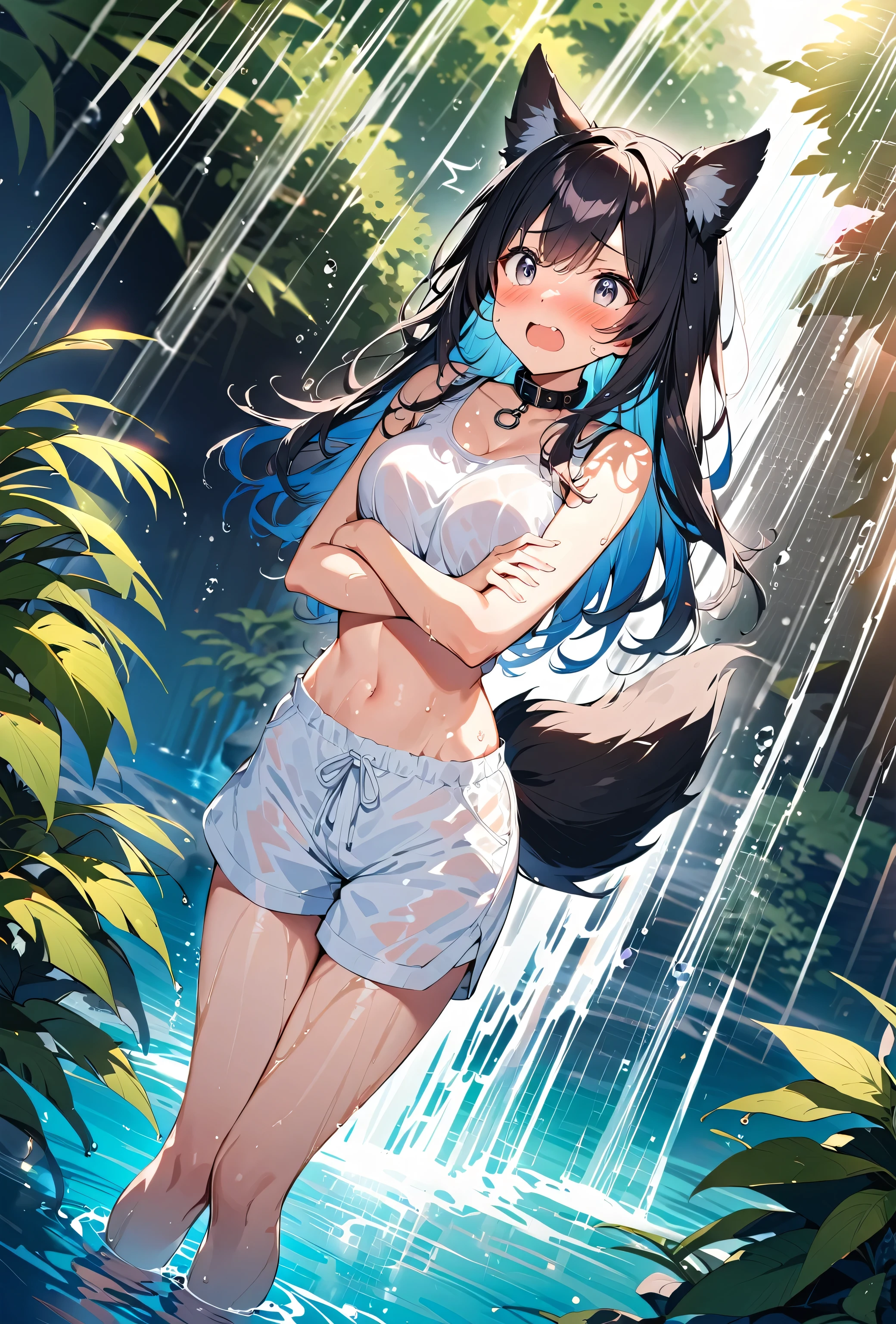 cute dog girl, nsfw, (((showering in a waterfall))), (((big oversized white shorts))), (((loose white crop top))) ((shocked, surprised expression)), (((embarrassed))), (((blushing))), (hands across body), (((grey eyes))), (((focal point))), ((close-up full body shot)), ((dynamic angle)), ((long hair)), (black hair, wet and shiny), (((dripping wet body))), (dog ears), (dog tail), (dog collar), ((detailed water droplets, sunlight filtering through trees)), ((dynamic and beautiful lighting)), BREAK, masterpiece, UHD, detailed and high quality, serene atmosphere, vibrant colors, flowing water, detailed background, joyful mood, intricate details, natural beauty, perfect hands