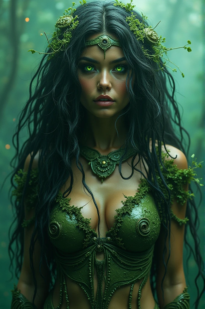 Striking closeup shot of an alien-dryad princess, fantastical being with green skin and luminous veins, a hybrid of human and plant-like features, skin with a rough texture, amber sap color eyes, red-green slime::8 , dark green lips, tree bark texture, dreadlock hair of green vine, head delicately decorated with autumn leaves, moss and small white wildflowers, tattered shredded top of leaves, rounded top, dynamic posing, majestic and impositive, biophilic, solarpunk, hyper realistic, sharp focus, hyper-maximalism,photo-realistic,insanely detailed,unreal engine,HDR,8k